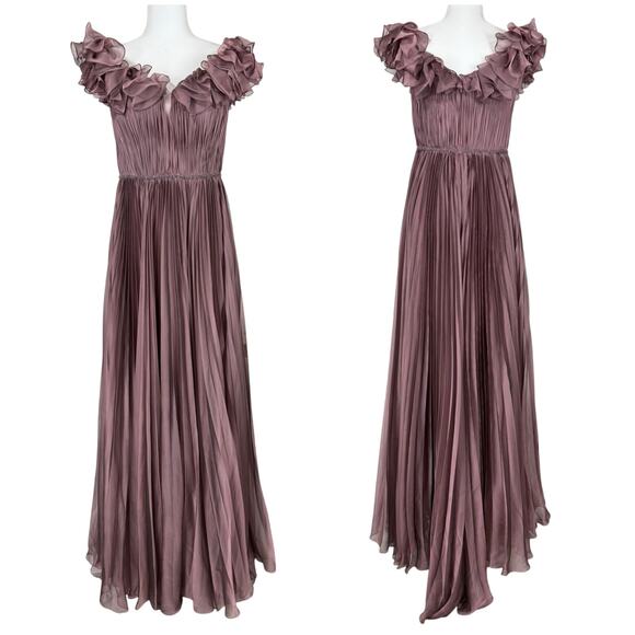 Alexander By Daymor NWT Rose Wine Pleated Ruffle Neckline Gown Size 6 Back Train - Picture 1 of 6